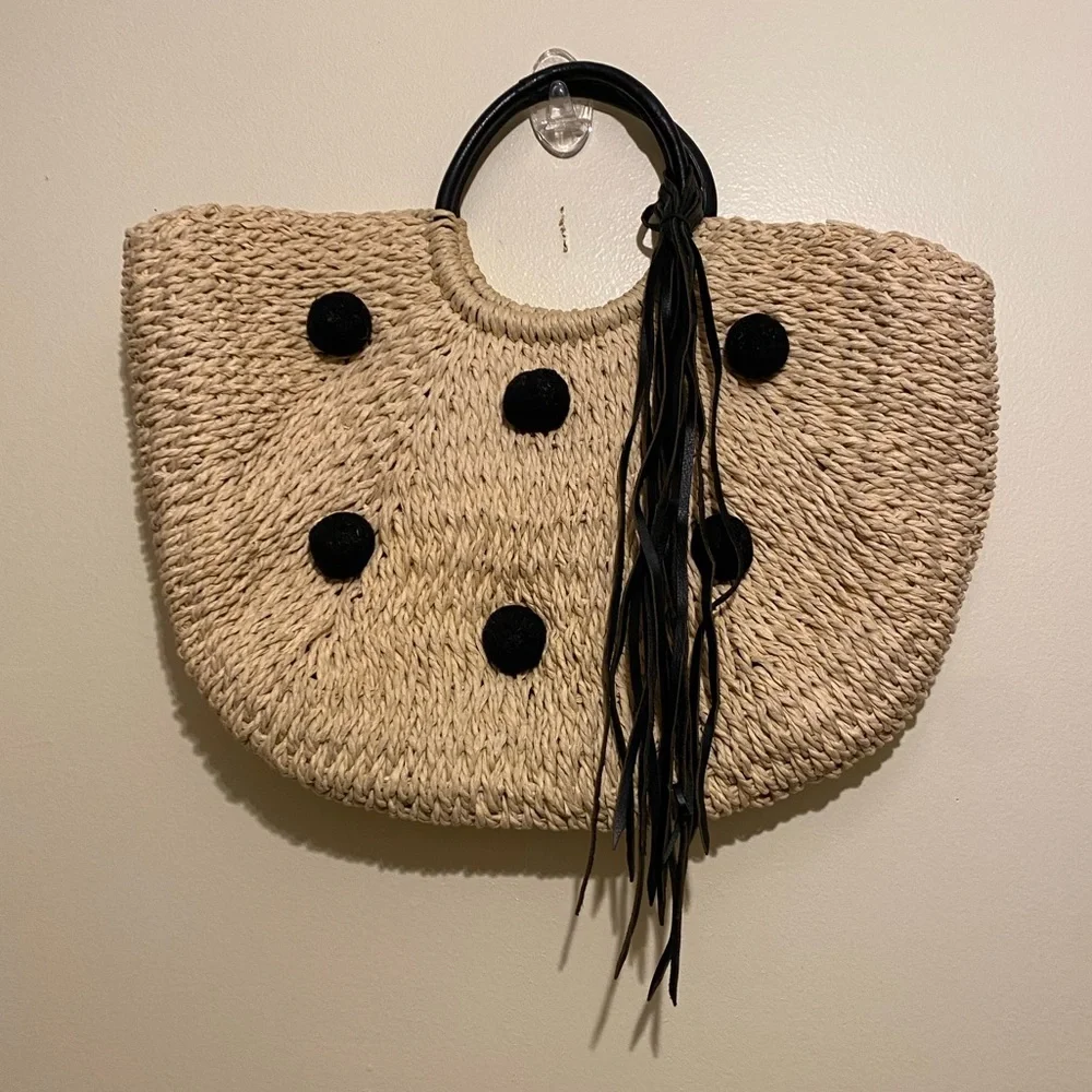 Rebecca Mincoff Stylish Black and Tan Straw Pom Pom Women's Handbag